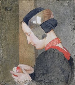 リンゴの皮をむいた女性の肖像画（ジェッソパネルのテンペラ）
